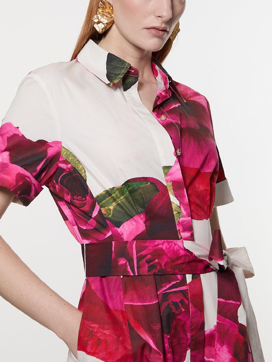 Sateen Floral Placed Woven Midi Shirt Dress