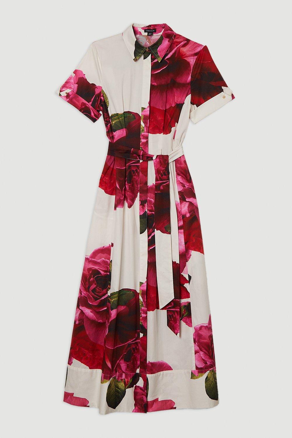 Sateen Floral Placed Woven Midi Shirt Dress