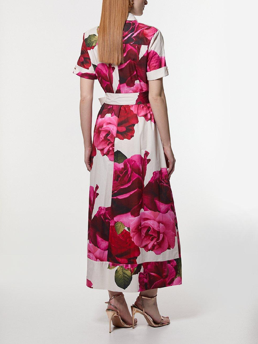 Sateen Floral Placed Woven Midi Shirt Dress