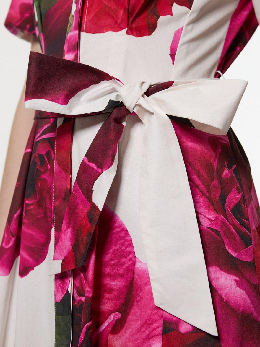 Sateen Floral Placed Woven Midi Shirt Dress