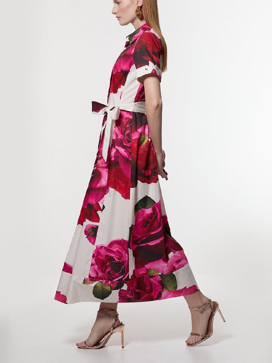 Sateen Floral Placed Woven Midi Shirt Dress