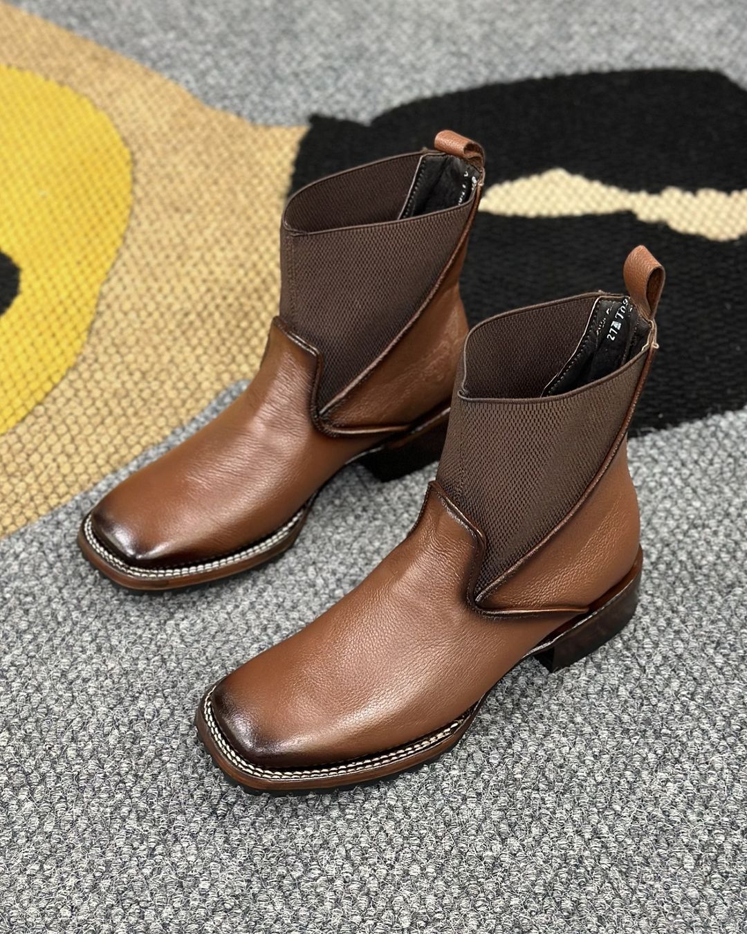 Brown Patchwork Stretch Cowboy Boots